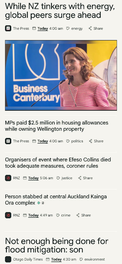 Live mobile screenshot of the Newsibly article feed